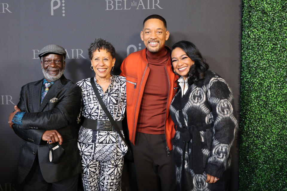 SANTA MONICA, CALIFORNIA - FEBRUARY 09: (L-R) Joseph Marcell, Vernee Christell Watson-Johnson, Will Smith, and Tatyana Ali attend Peacock's new series 