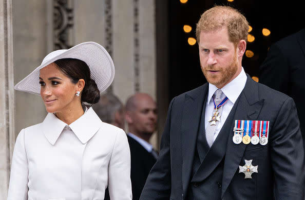 <div class="inline-image__caption"><p>Meghan, Duchess of Sussex and Prince Harry, Duke of Sussex attend the National Service of Thanksgiving at St Paul's Cathedral on June 03, 2022 in London, England.</p></div> <div class="inline-image__credit">Samir Hussein/WireImage</div>