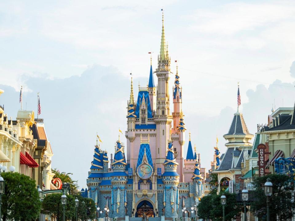 A view of Cinderella Castle decorated for Magic Kingdom's 50th anniversary.