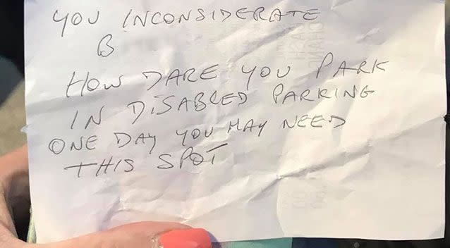 The note shamed Ms Parkin for parking in a disabled spot. Source: Facebook/ Toni TJ Parkin