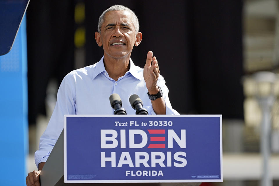 Former President Barack Obama speaks at a rally as he campaigns for Democratic presidential candidate former Vice President Joe Biden Tuesday, Oct. 27, 2020, in Orlando, Fla. (AP Photo/John Raoux)