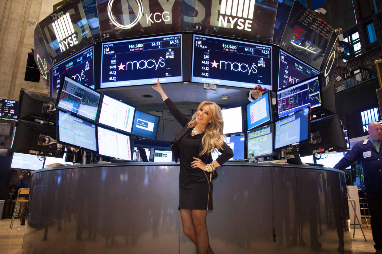 NEW YORK - JANUARY 29:  In this handout image provided by the New York Stock Exchange, Singer Thalia Sodi visit the New York Stock Exchange and ring the Opening Bell with executives and guests Of Ohio-based Macy's, Inc January 29, 2015 in New York City.  (Photo by Valerie Caviness/NYSE via Getty Images)