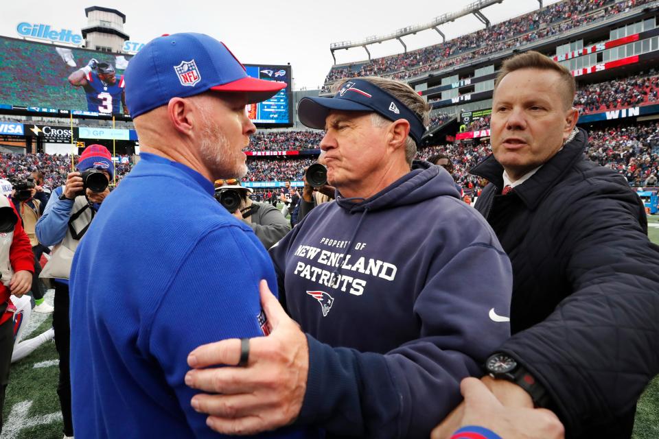 New England Patriots head coach Bill Belichick, right, embraces Buffalo Bills head coach Sean McDermott after a Patriots 29-25 win following an NFL football game, Sunday, Oct. 22, 2023, in Foxborough, Mass. (AP Photo/Michael Dwyer)