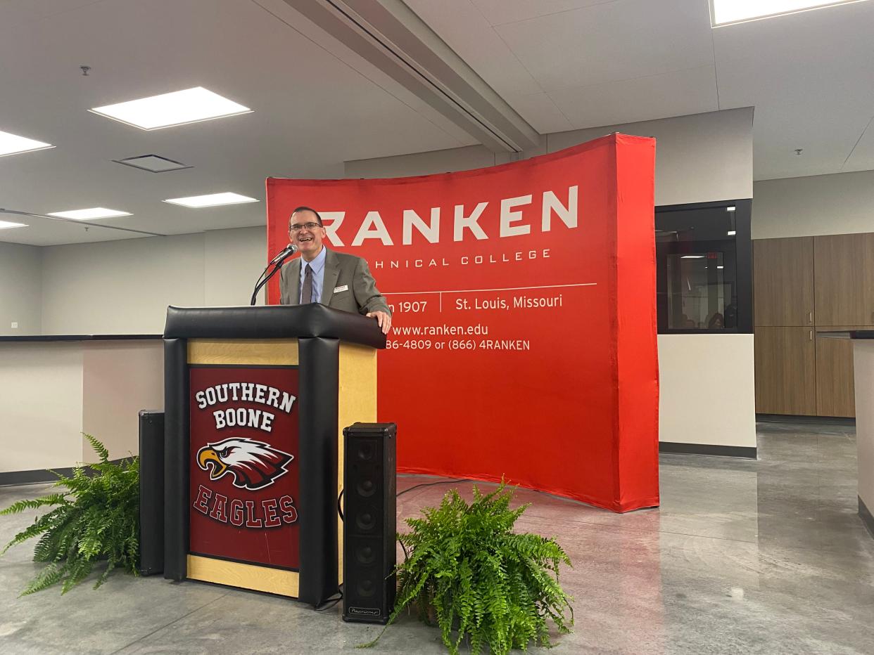 Don Pohl, president of Ranken Technical College, speaks Friday at a ceremony for its new location in Ashland.