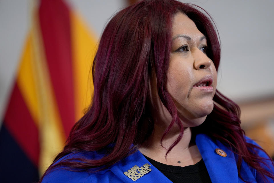 Arizona State Senator Anna Hernandez, D-District 24, speaks prior to Arizona Gov. Katie Hobbs signing the repeal of the Civil War-era near-total abortion ban, Thursday, May 2, 2024, at the Capitol in Phoenix. Democrats secured enough votes in the Arizona Senate to repeal the ban on abortions that the state's highest court recently allowed to take effect. (AP Photo/Matt York)