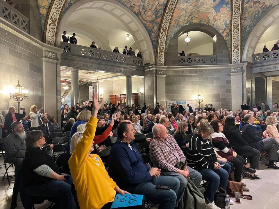 A group of anti-transgender protesters visited the Missouri Capitol on Monday to urge lawmakers to pass a bill that would ban gender-affirming care for minors.