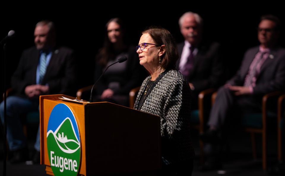 Eugene Mayor Lucy Vinis delivers the 2024 State of City address at the Hult Center in Eugene, Ore. Jan 8, 2024.