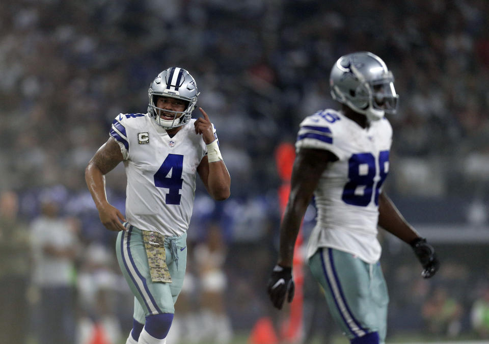 It's unclear if Dez Bryant (R) is going to be asked to take a pay cut from the Cowboys. Also, a big contract extension could be on the horizon for QB Dak Prescott. (AP) 