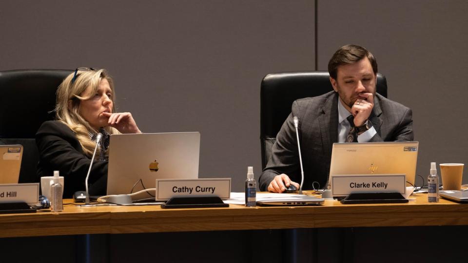 Kanata North Coun. Cathy Curry and West Carleton-March Coun. Clarke Kelly attend a committee meeting on Jan. 24, 2024.