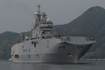 French amphibious assault ship Mistral arrives at Japan Maritime Self-Defense Force's Sasebo naval base in Sasebo, Nagasaki prefecture, Japan April 29, 2017, ahead of joint exercises with U.S., British and Japanese forces in waters off Guam. REUTERS/Nobuhiro Kubo