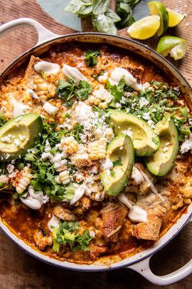 One Skillet Street Corn Chicken Enchilada Bake