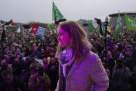 Climate activist Greta Thunberg was interrupted by a climate activist for expressing solidarity with the Palestinians as tens of thousands of people gathered in Amsterdam, Netherlands, Sunday, Nov. 12, 2023, to call for more action to tackle climate change. Thunberg was among the speakers at the march that comes 10 days before national elections in the Netherlands. (AP Photo/Peter Dejong)