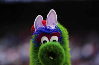 The Phillie Phanatic mascot, with bunny ears on Easter, performs prior to a baseball game between the Philadelphia Phillies and the Atlanta Braves, Sunday, March 31, 2024, in Philadelphia. (AP Photo/Derik Hamilton)