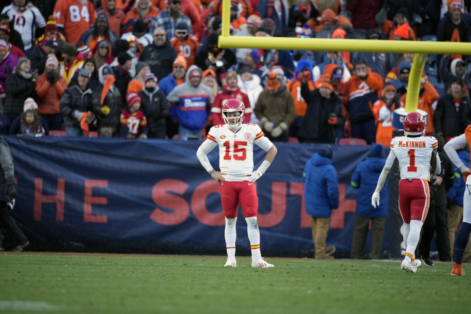 Kansas City Chiefs quarterback Patrick Mahomes pauses after being sacked during the second half of an NFL football game against the Denver Broncos Sunday, Oct. 29, 2023, in Denver. (AP Photo/David Zalubowski)