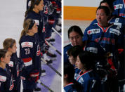 The combination photograph shows on the left U.S. women's ice hockey team player Hannah Brandt (20) standing with her teammates for the U.S. national anthem before their game against Team Canada in Boston, Massachusetts, U.S., October 25, 2017 and on the right South Korean women's ice hockey player Marissa Brandt (top) standing with her teammates for the South Korean National Anthem before a game at Quinnipiac University in Hamden, Connecticut, U.S., December 28, 2017. REUTERS/Brian Snyder