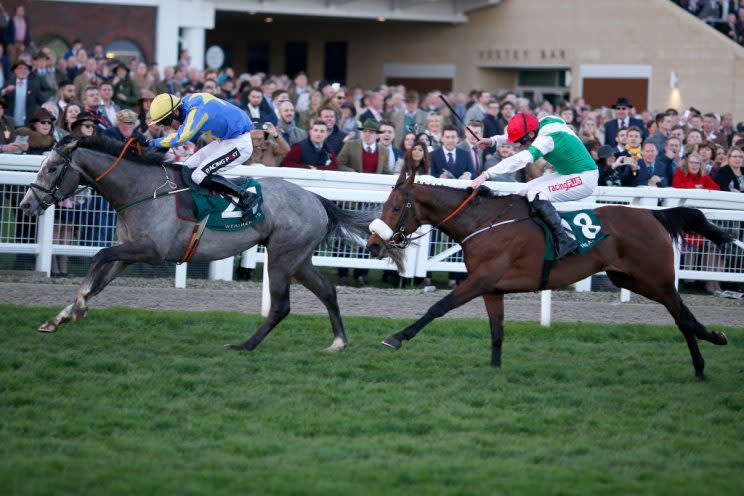 <strong>Jamie Codd riding Fayonagh (R) win The Weatherbys Champion Bumper from Debuchet (L) at Cheltenham racecourse on day two of the festival meeting on March 15, 2017 in Cheltenham, England. (Photo by Alan Crowhurst/Getty Images)</strong>