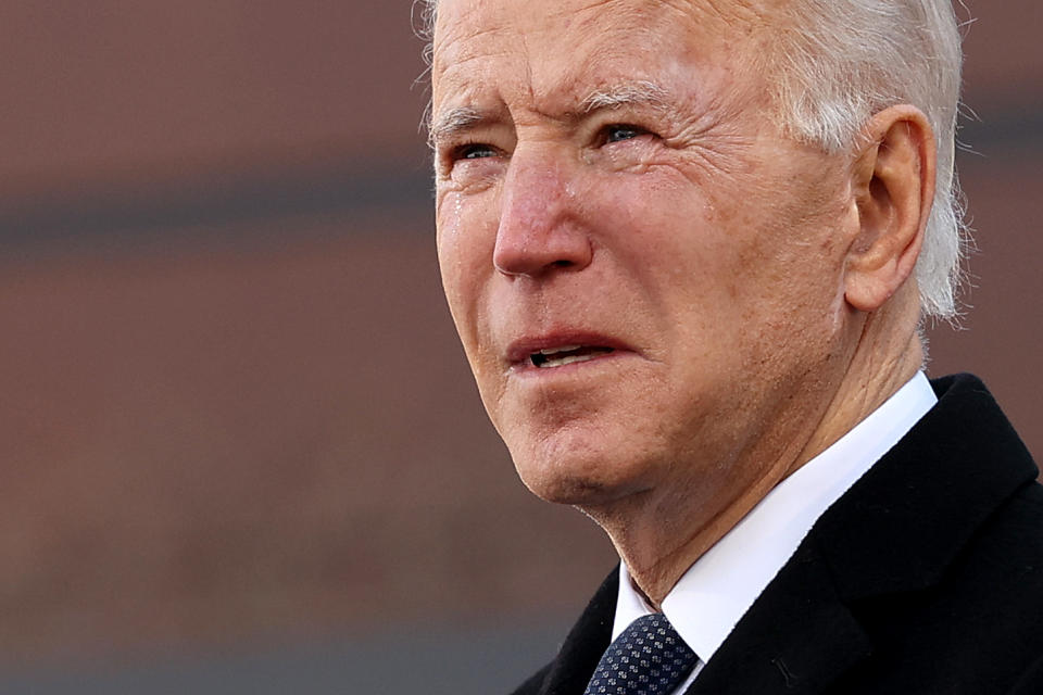 With eyes wet with tears, President-elect Joe Biden delivers remarks in his home state before heading to Washington. Source: Getty