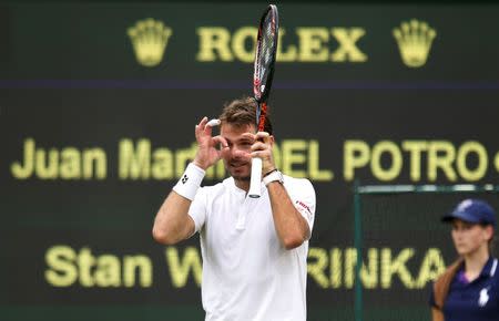 Britain Tennis - Wimbledon - All England Lawn Tennis & Croquet Club, Wimbledon, England - 1/7/16 Switzerland's Stan Wawrinka gestures during his match against Argentina's Juan Martin Del Potro REUTERS/Paul Childs