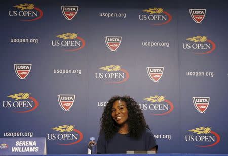 Serena Williams of the U.S. speaks during a news conference at the USTA Billie Jean King National Tennis Center ahead of the 2015 U.S. Open tennis tournament in New York, August 27, 2015. Play begins at the U.S. Open on August 31. REUTERS/Mike Segar