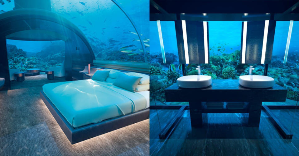 海底更是另一個夢幻國度，房間採用透明玻璃設計，讓你被各種美麗的熱帶魚類和珊瑚環繞，用餐、淋浴、睡覺都有絕美景色陪伴