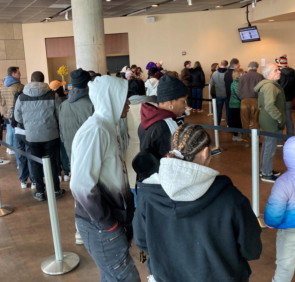 Visitors wait to see exhibits in the National Underground Railroad Freedom Center on Jan. 22, 2024.