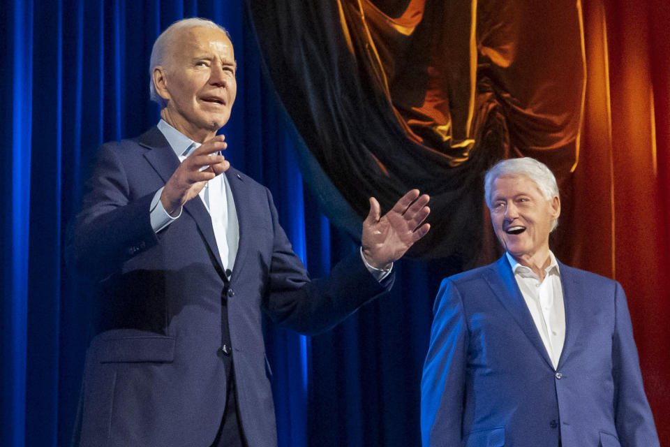 FILE - President Joe Biden and Bill Clinton participate in a fundraising event, March 28, 2024, in New York. Biden is again joining forces with former President Bill Clinton to rake in campaign cash, with a joint fundraiser with the two men Tuesday set to raise $8 million — part of a $40 million total that Biden's reelection campaign has pulled in over the last five days. (AP Photo/Alex Brandon, File)