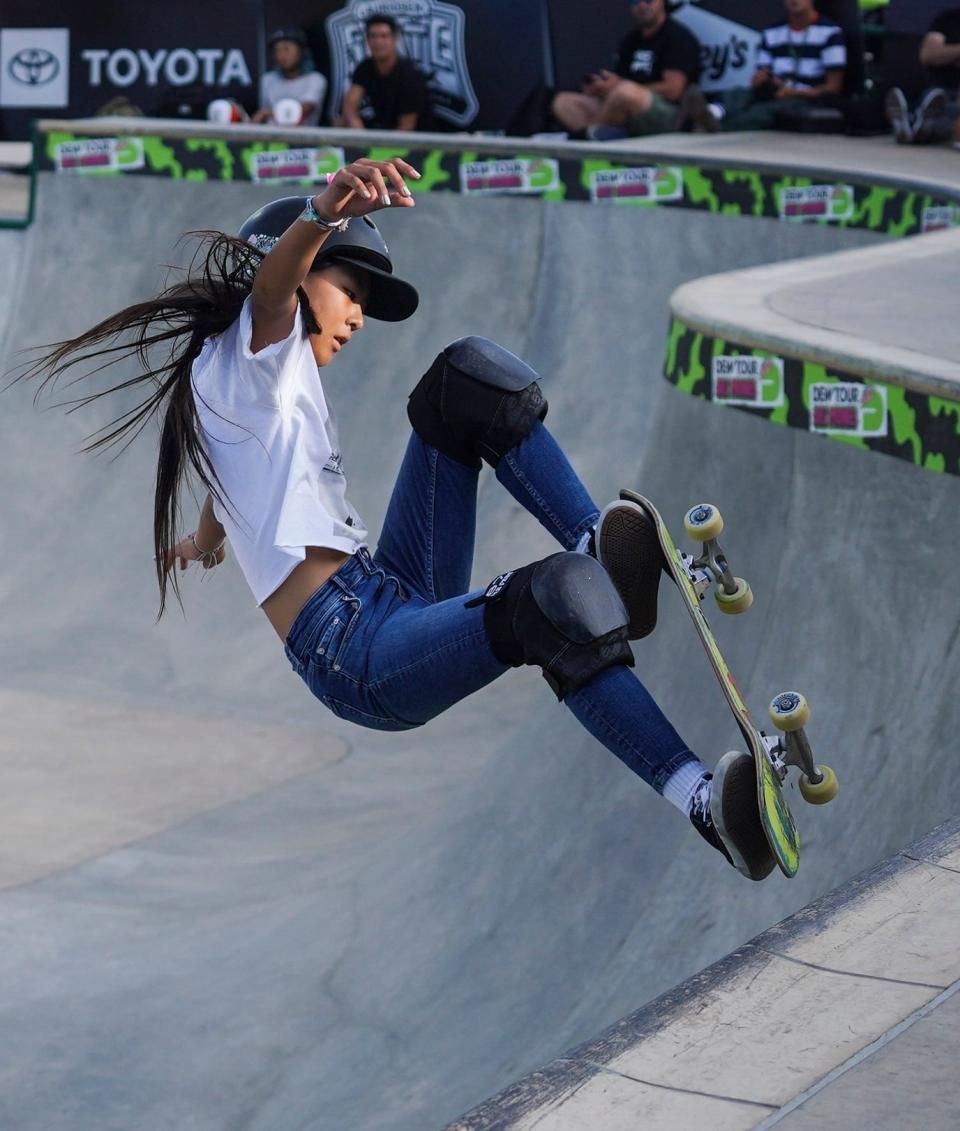 Cocona Hiraki competes in the Women's Skateboarding Park final during the 2022 summer Dew Tour competition at Lauridsen Skatepark in Des Moines.