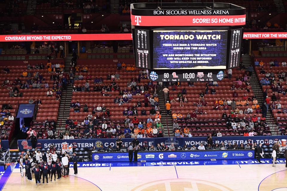 A Tornado Watch is flashed on the scoreboard during the fourth quarter of the Texas A&M University and University of Mississippi game at the SEC Women's Basketball Tournament at Bon Secours Wellness Arena in Greenville, S.C. Friday, March 3, 2023. 