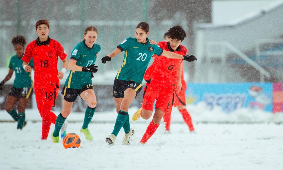 <span>Despite heavy snow, <a class="link " href="https://sports.yahoo.com/soccer/teams/australia/" data-i13n="sec:content-canvas;subsec:anchor_text;elm:context_link" data-ylk="slk:Australia;sec:content-canvas;subsec:anchor_text;elm:context_link;itc:0">Australia</a> defeated <a class="link " href="https://sports.yahoo.com/soccer/teams/south-korea/" data-i13n="sec:content-canvas;subsec:anchor_text;elm:context_link" data-ylk="slk:South Korea;sec:content-canvas;subsec:anchor_text;elm:context_link;itc:0">South Korea</a> at the Under-20s Asian Cup in Tashkent, Uzbekistan.</span><span>Photograph: Football Australia</span>