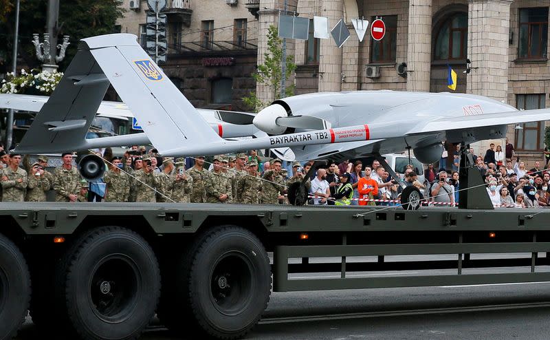 FILE PHOTO: A Bayraktar drone is seen during a rehearsal for the Independence Day military parade in central Kyiv