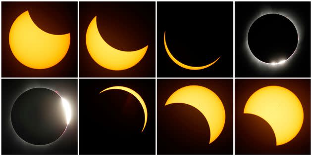 The moon is pictured eclipsing the sun in stages on Aug. 21, 2017. On Monday, the moon will cast its shadow across a stretch of the U.S., Mexico and Canada, plunging millions of people into midday darkness.