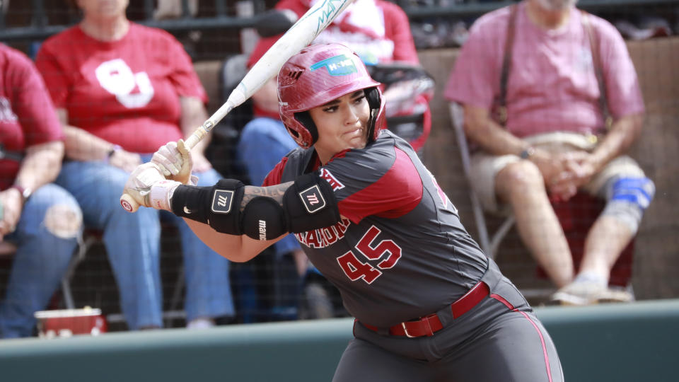 Oklahoma's Haley Lee during an NCAA softball game against Hofstra on Friday, May 19, 2023, in Norman, Okla. (AP Photo/Garett Fisbeck)