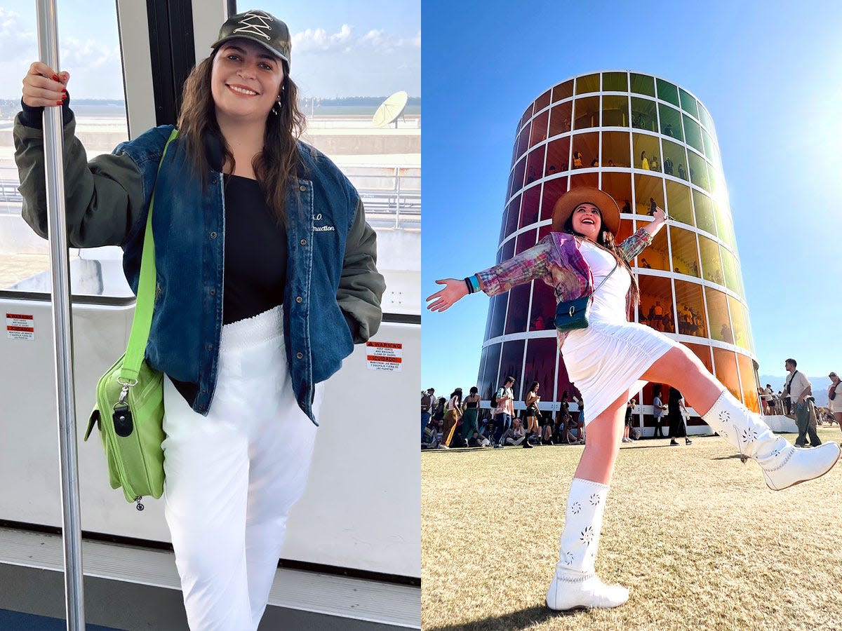 isabella rolz on airport shuttle (left), isabella posing in white outfit at coachella