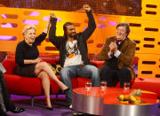 (left to right) Guests Bette Midler, David Haye and Stephen Fry during a recording of the Graham Norton Show, at the London Studios in south London.