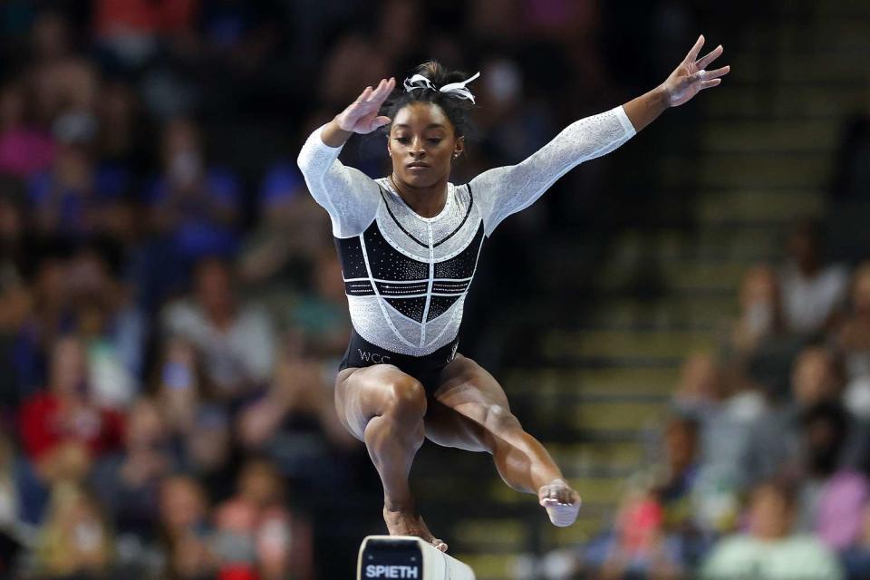 <p>Stacy Revere/Getty Images</p> Simon Biles returned to competition this weekend for the first time since the Tokyo Olympics.