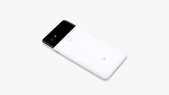 A white Google Pixel 2 smartphone.