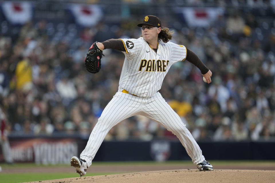 San Diego Padres starting pitcher Ryan Weathers works against an Arizona Diamondbacks batter during the first inning of a baseball game Monday, April 3, 2023, in San Diego. (AP Photo/Gregory Bull)