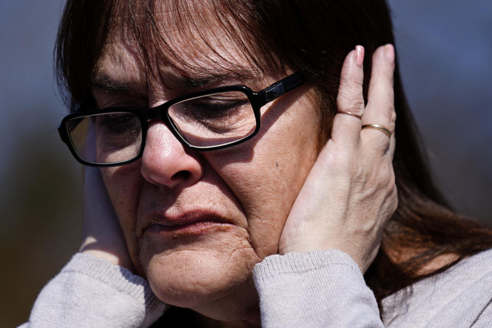 Patti Burt reacts during an interview in Cherry Hill, N.J., Wednesday, March 10, 2021. On May 26, 2020, Burt's granddaughter, 9-year-old Ava Lerario; her mother, Ashley Belson, and Ava’s father, Marc Lerario, were found fatally shot inside their home. (AP Photo/Matt Rourke)