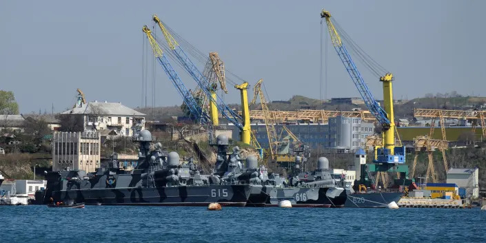 Russian Black Sea fleet ships are anchored in one of the bays of Sevastopol, Crimea, March 31, 2014.