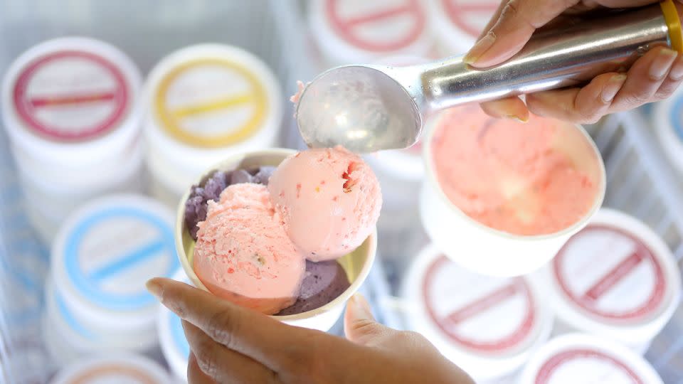 Scoops of Falooda ice cream are placed on top Blueberry Lavender ice cream at Pints of Joy in Sunnyvale, California.  - Aric Crabb/MediaNews Group/East Bay Times/Getty Images