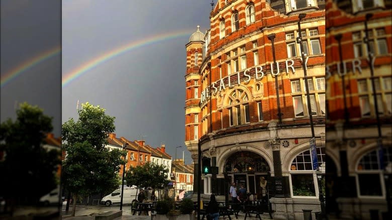 Salisbury pub facade with rainbow