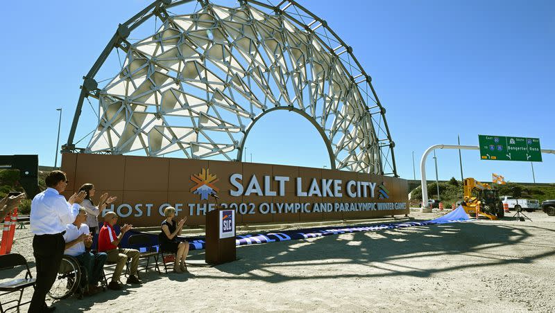 The Hoberman Arch, from the 2002 Winter Olympics in Salt Lake City, has been reinstalled and signage was unveiled during a news event at the Salt Lake City International Airport on Tuesday.