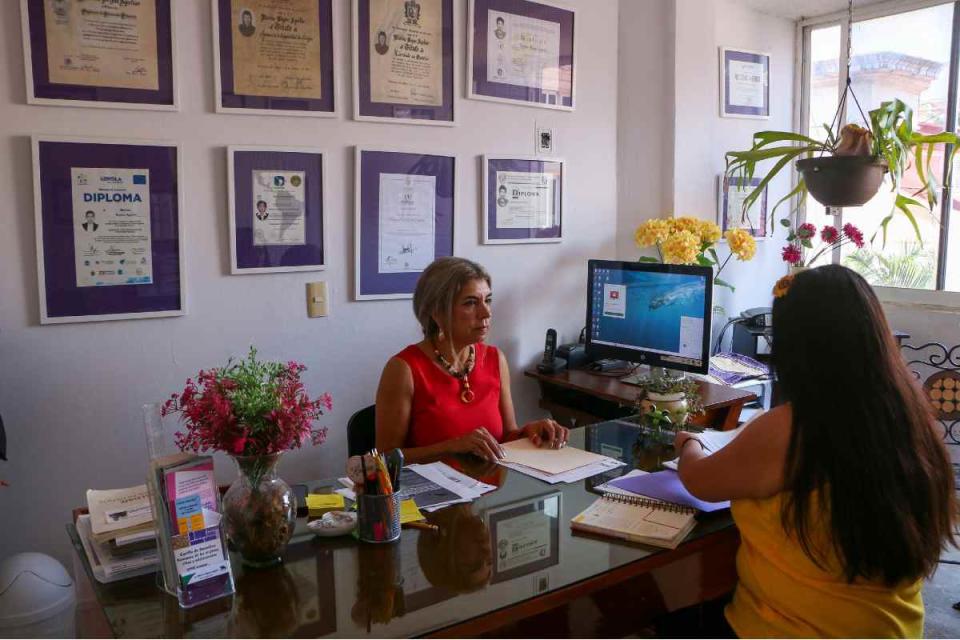 Marina Reyna Aguilar y Andrea Goreti Carranza Flores trabajan en su oficina de Chilpancingo<br>de los Bravo, Guerrero. Reyna es directora ejecutiva de la Asociación Guerrerense contra la<br>Violencia hacia las Mujeres, una organización de la sociedad civil especializada en el tema. |Foto: AVIGAÍ SILVA, GPJ MÉXICO