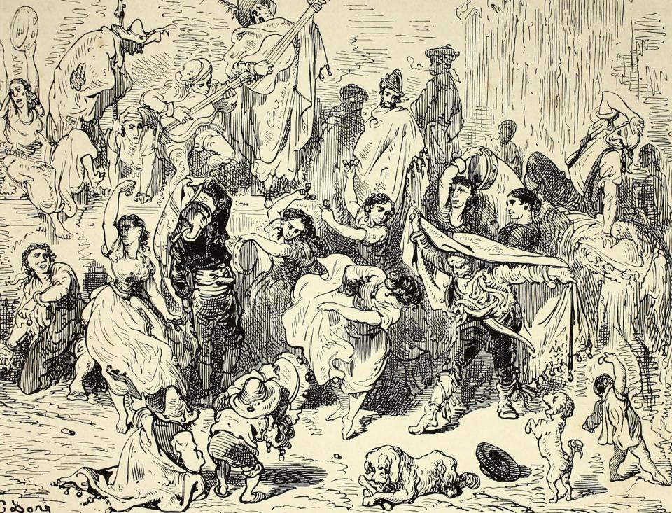 Dibujo de ciudadanos de un pueblo del siglo XIX bailando en una fiesta en la calle.