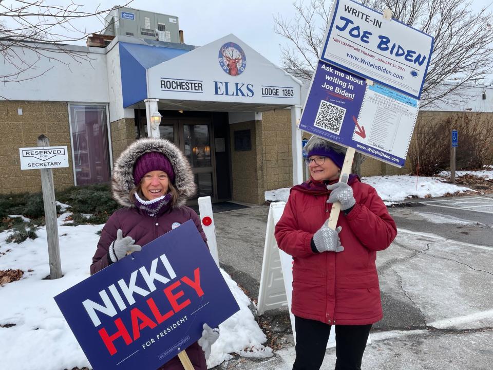Nikki Haley supporter Monica Leno, left, and Joe Biden supporter Renee Goodspeed, best friends for 40 years, stand together at the Rochester Ward 6 polls during New Hampshire primary voting Tuesday. "We don't have to vote the same way to be friends," Goodspeed said, and Leno agreed.