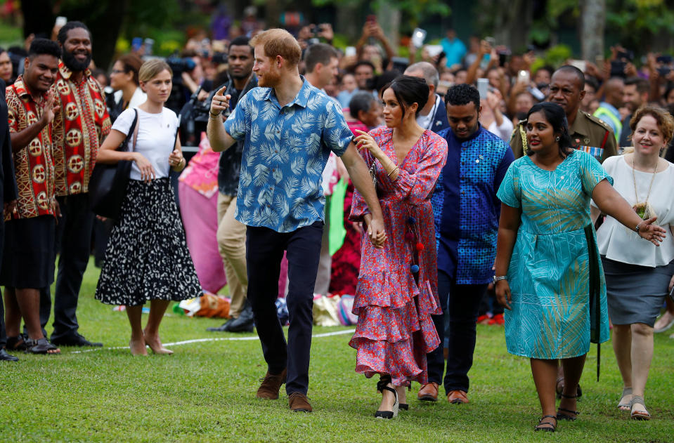 Meghan and Prince Harry meeting locals in Suva, Fiji on Wednesday. Photo: Getty