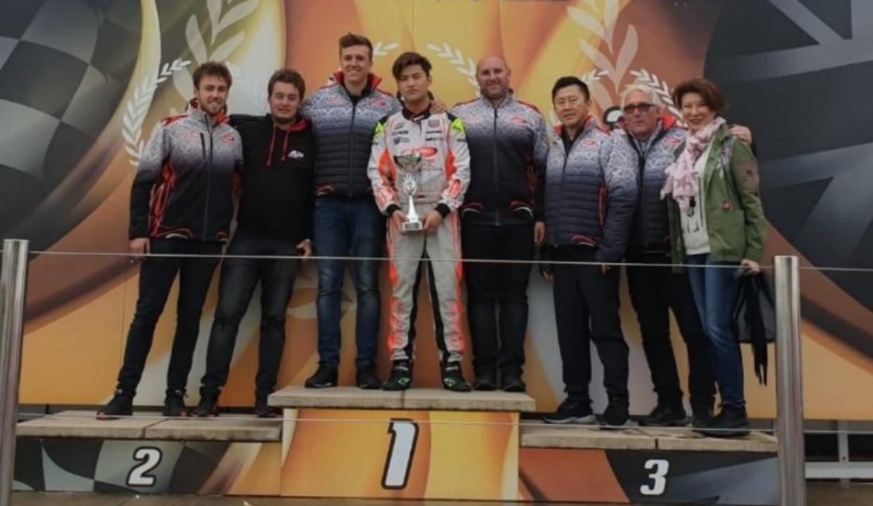 Singapore kart race Alex Huang holds the winners' trophy after emerging victorious at the Trent Valley Kart Club Autumn Cup at the Paul Fletcher International Kart Circuit. (PHOTO: Alex Huang)