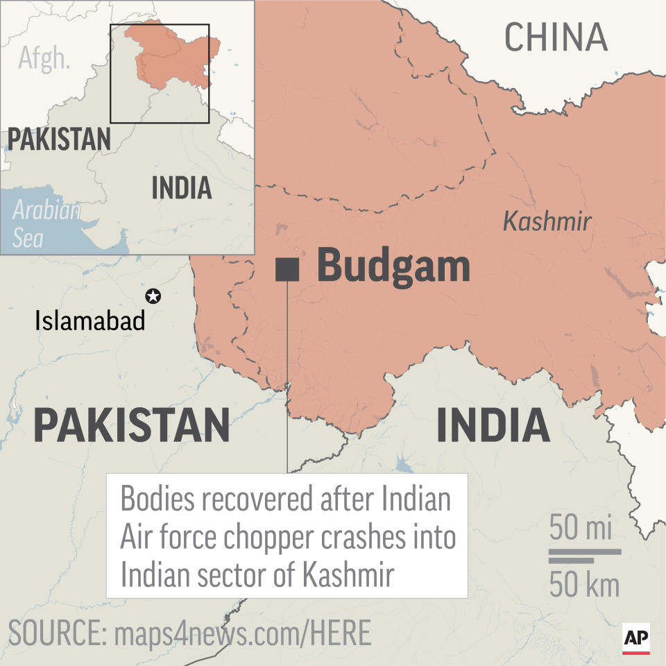 Map locates Budgam in Kashmmir, where bodies were recovered after an Indian air force helicopter crashed; 2c x 3 inches; 96.3 mm x 76 mm;