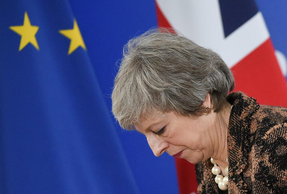 Theresa May feeling the stress of Brexit on her last visit to Brussels (Getty)