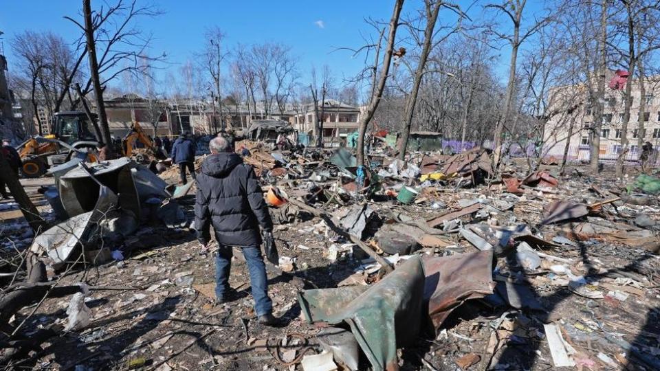 The damage from a bomb blast in Kyiv